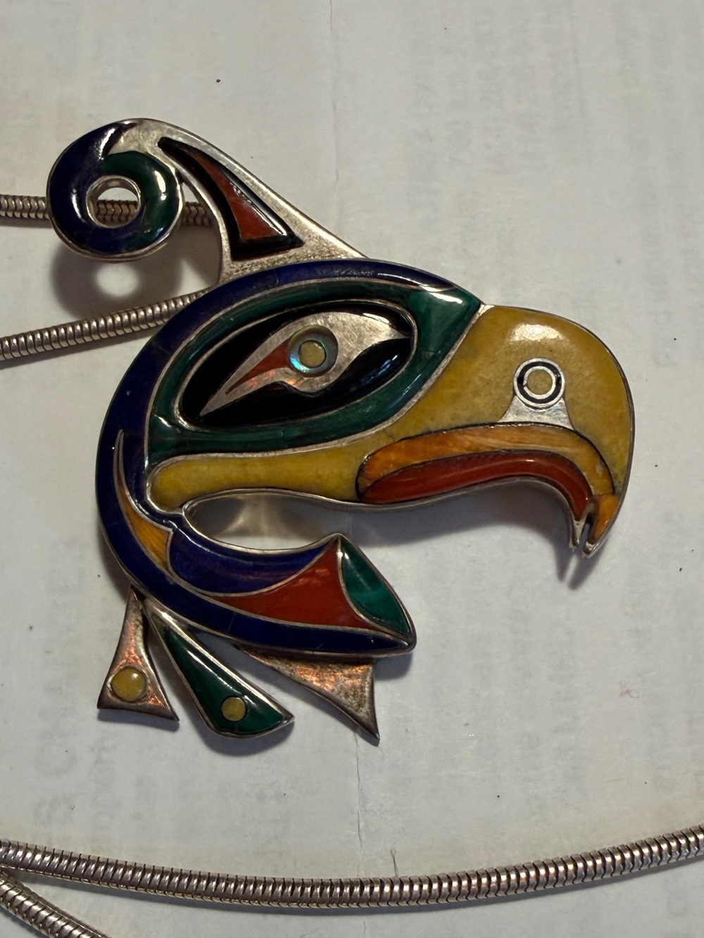 Vintage Northwest Coast Sterling Silver Inlaid Stone Thunderbird Pin Pendant